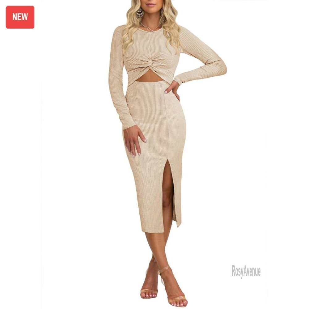 Long Sleeve Bodycon Dress with Cutout Front, High Waist, Slit